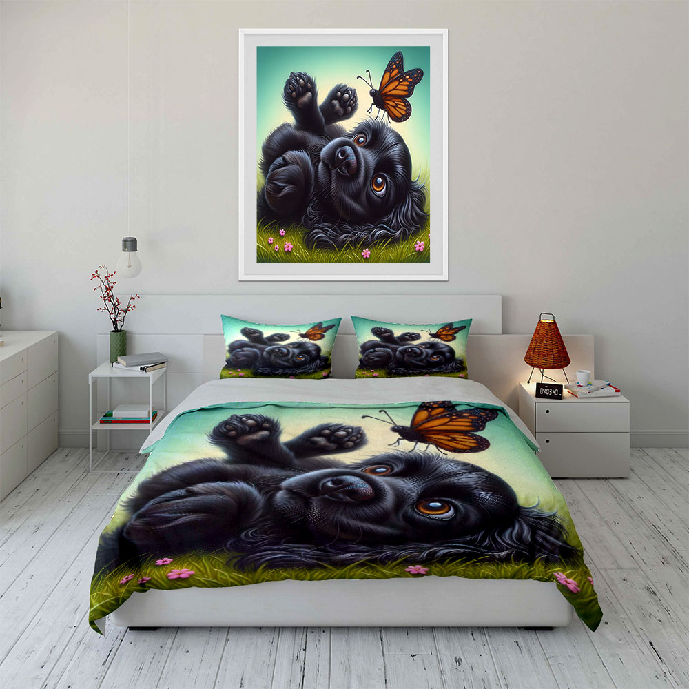 Un piccolo cane nero gioca con - Duvet Cover Sets With Zipper recensione e prezzo